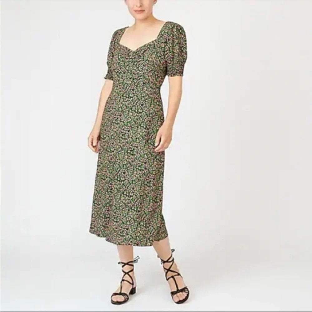 J.Crew Floral Puff Sleeve Midi Dress Black Pink Green 00